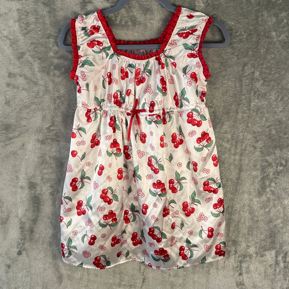 Nick & Nora Nightgown Girls XL 14/16 White Red Cherry Floral Ruffle Very Good